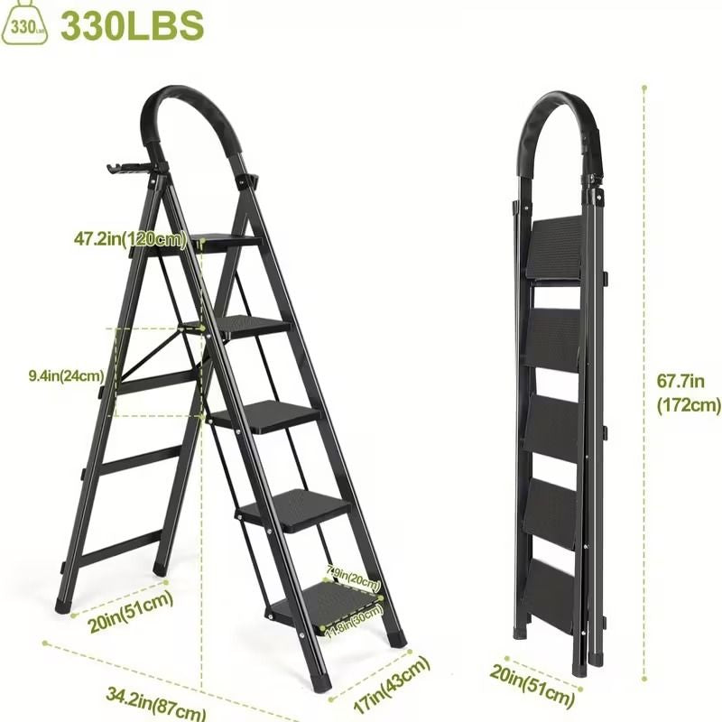 5 Step Ladder with Anti-Slip Pedals Foldable Steel Step Stool with Tool Tray 300LBS Capacity