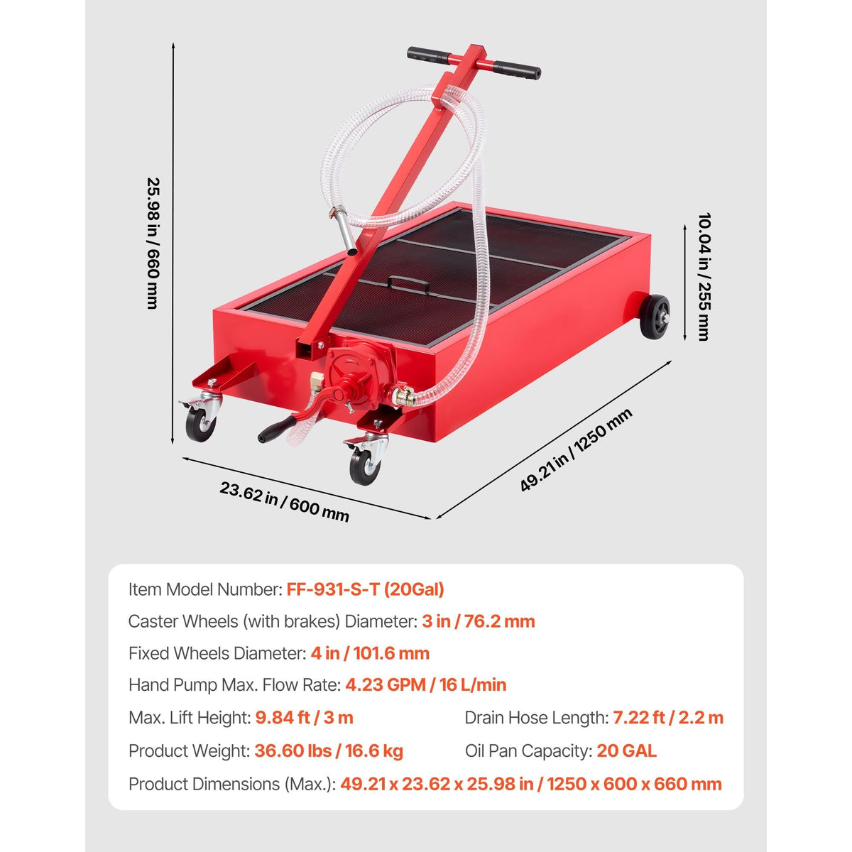 Heavy-Duty Low Profile Oil Drain Pan - 20 Gallon Capacity, Rolling Design with Manual Pump & 7.2 ft Hose