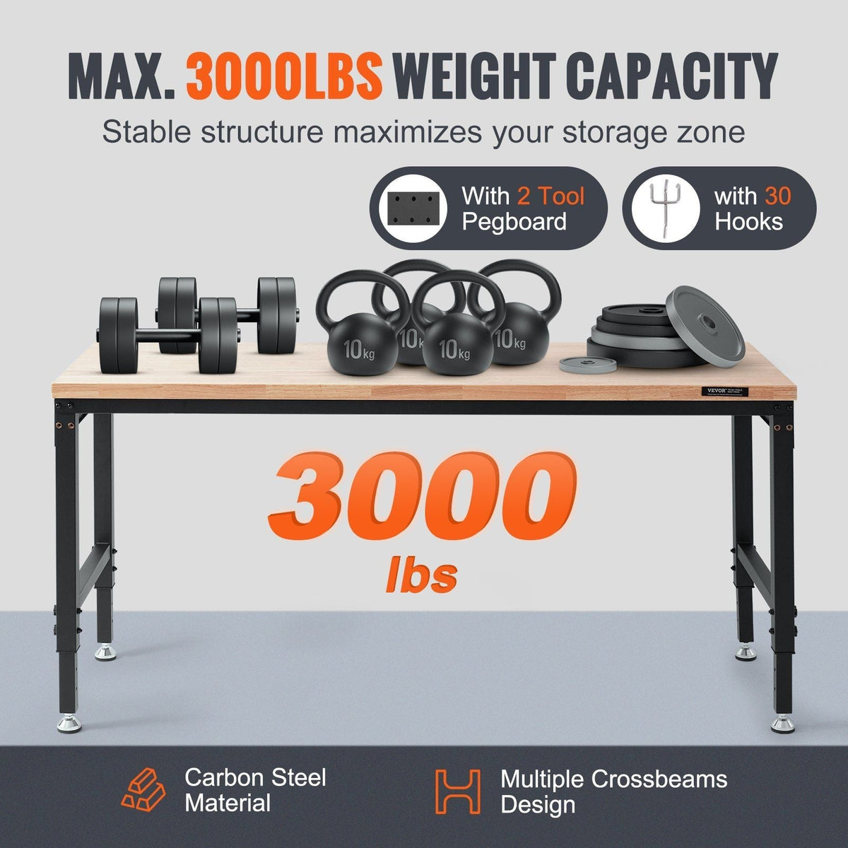 Adjustable Workbench 72" L X 25" with 28-39.5" Adjustable Heights & 3000 LBS Load Capacity