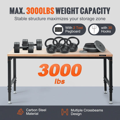 Adjustable Workbench 72" L X 25" with 28-39.5" Adjustable Heights & 3000 LBS Load Capacity