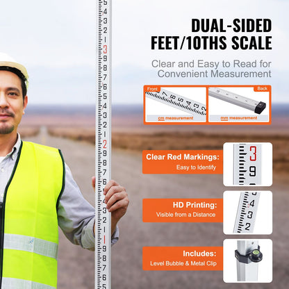 Aluminum Grade Rod 16-Feet/10ths Telescopic Measuring Double-Sided Scale 1/10ft Leveling Rod Stick