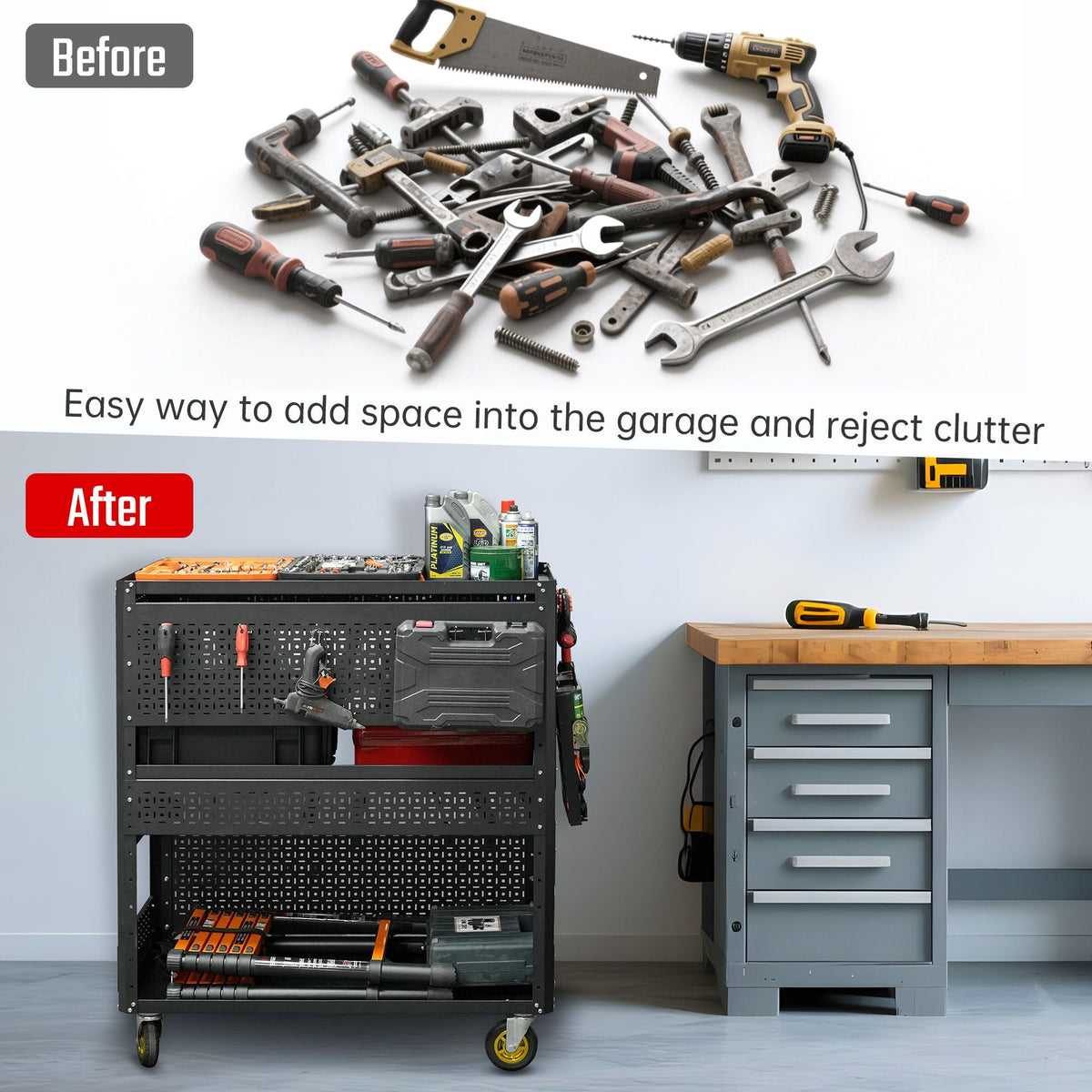 3-Tier Tool Cart With Steel Pegboard