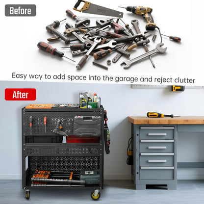 3-Tier Tool Cart With Steel Pegboard