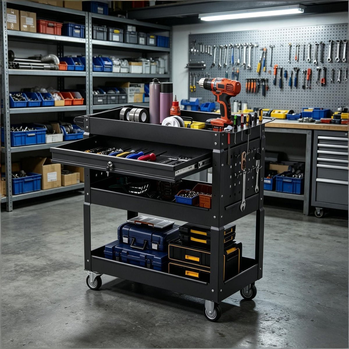 3 Tier Rolling Tool Cart Garage Workshop Lockable Drawer Storage Organizer Metal