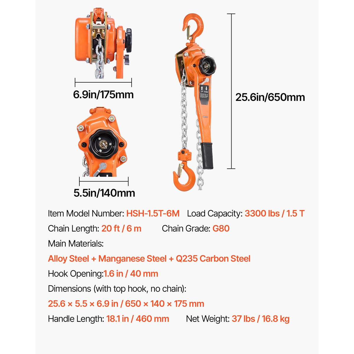 Heavy Duty Manual Lever Chain Hoist 1-1/2T 3300LBS Capacity Come Along 20FT Lift G80 Alloy Steel Chain
