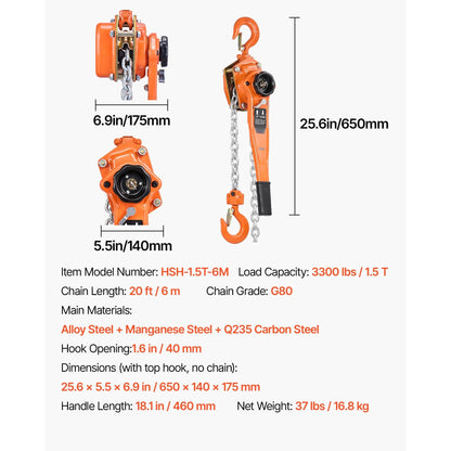 Heavy Duty Manual Lever Chain Hoist 1-1/2T 3300LBS Capacity Come Along 20FT Lift G80 Alloy Steel Chain
