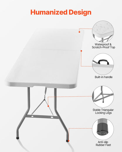 Folding Table 8 Ft Heavy Duty Portable Fold-in-Half Utility Table