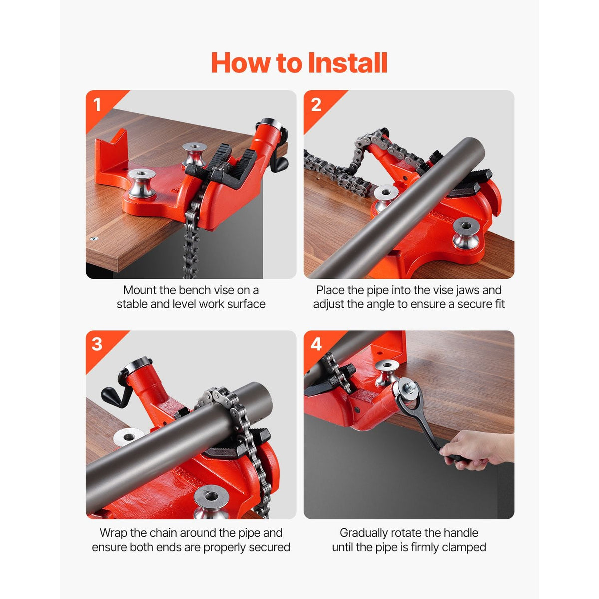 Heavy-Duty Pipe Chain Vise 1/2" - 8" Capacity Iron Base Clamping