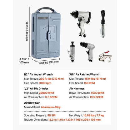 71 Pieces Pro Air Tool and Accessories Kit 1/2" Air Impact Wrench 3/8" Ratchet Wrench 1/2" Die Grinder 4500BPM Air Hammer