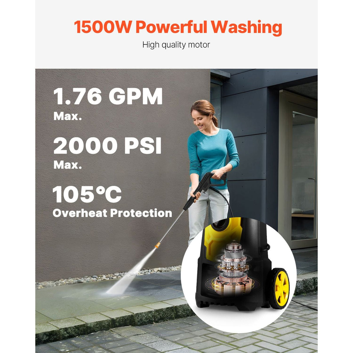 Electric Pressure Washer 2000 PSI Max. 1.76 GPM Power Washer w/ 30 ft Hose