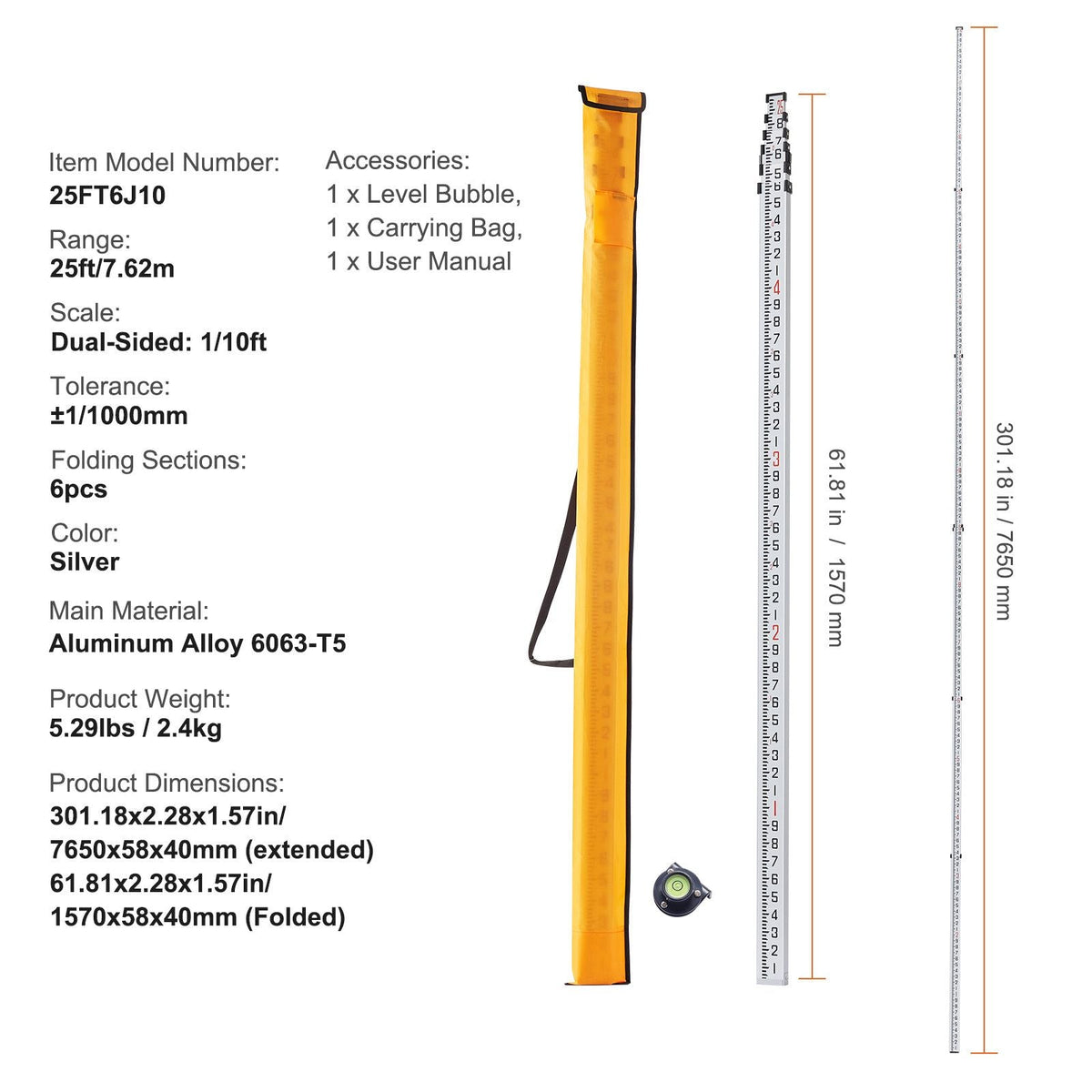 Aluminum Grade Rod 25-Feet/10ths Telescopic Measuring Double-Sided Scale 1/10ft Leveling Rod Stick