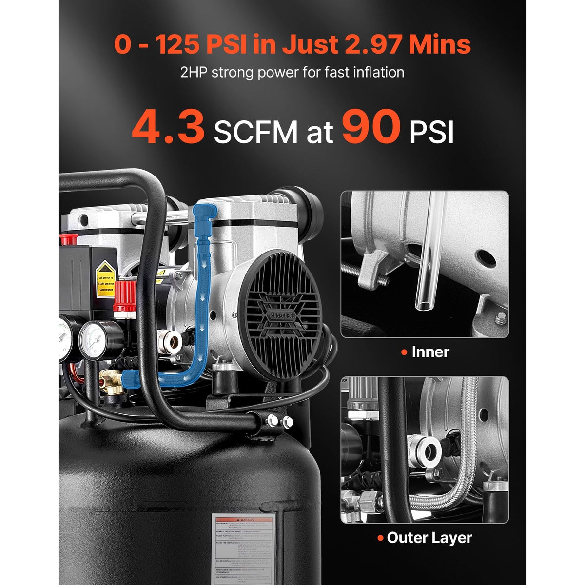 Portable 14-Gallon Oil-Free Air Compressor - 2HP with 4.3 SCFM Output