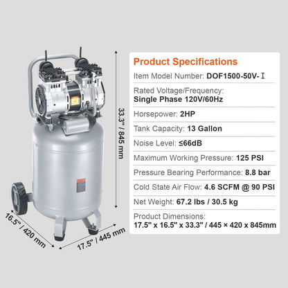 13 Gallon Air Compressor 2HP 4.6 SCFM@90PSI Oil Free Air Compressor Tank 125PSI Max Pressure
