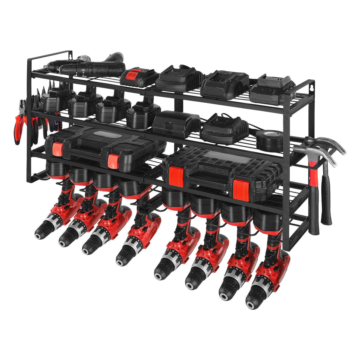 Power Tool Organizer Wall Mount Storage Rack with 8 Drill Holders Garage Tool Organizer