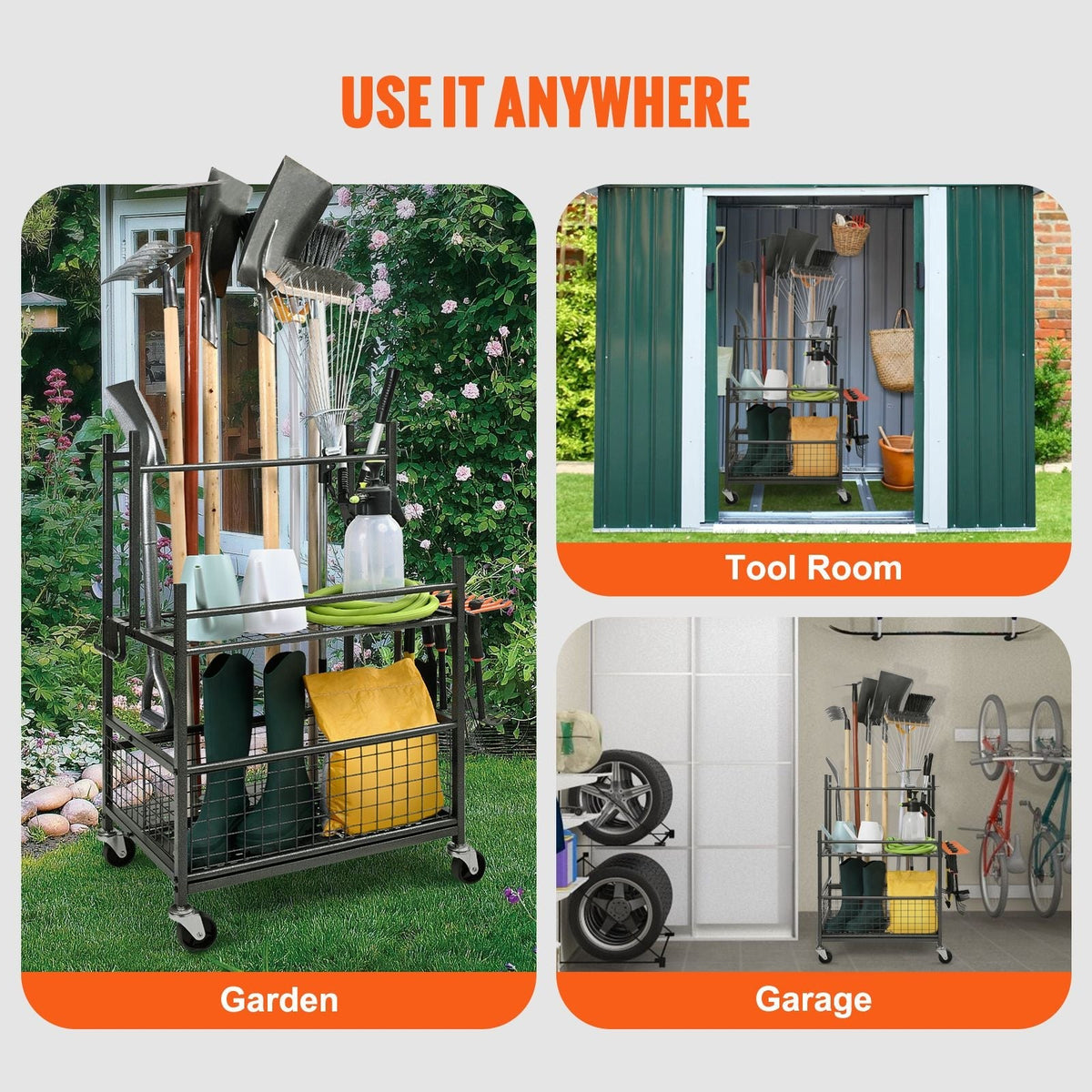 Garden Tool Organizer 16 Slots with Hooks with Wheels for Garage Organization and Storage