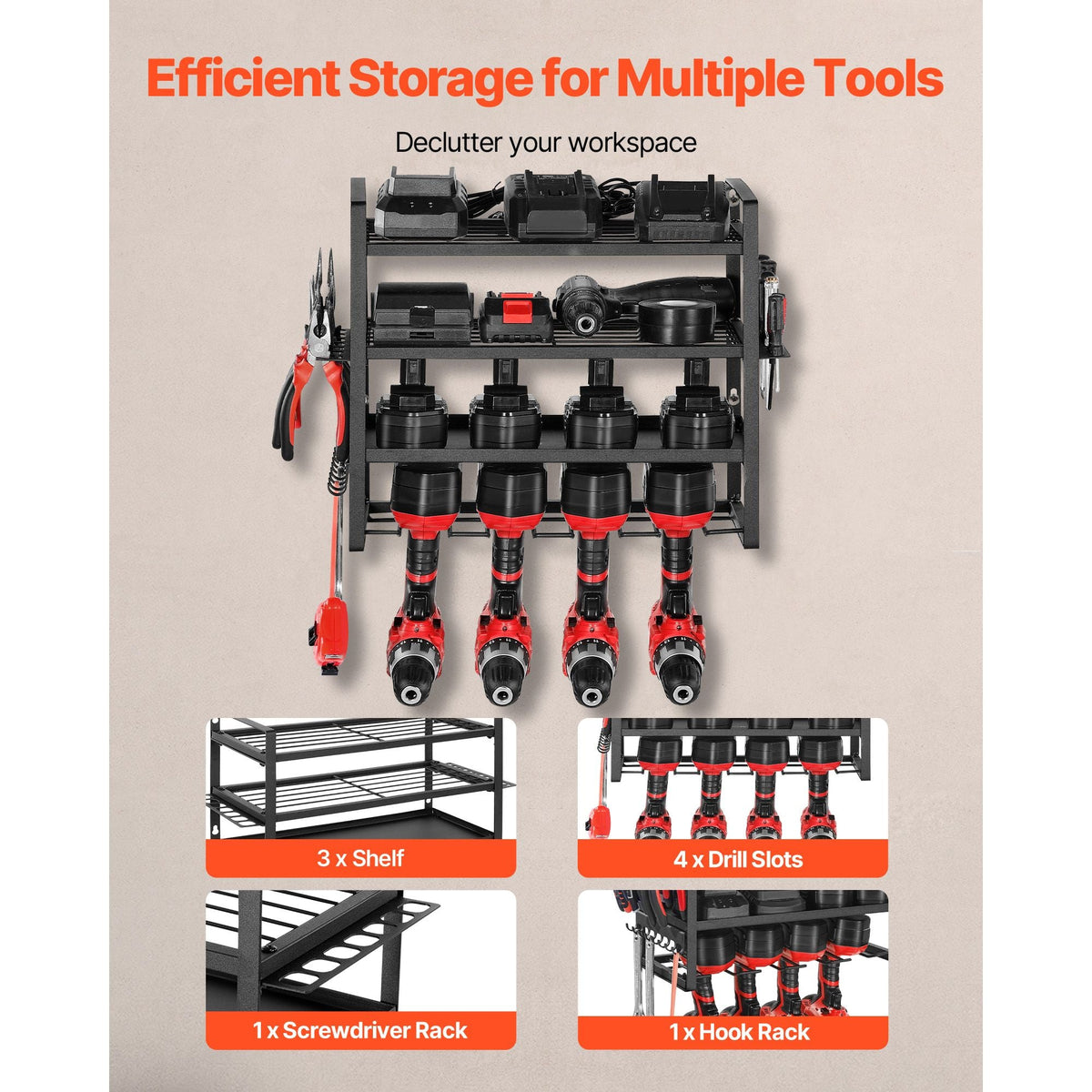 Power Tool Organizer Wall Mount Storage Rack with 4 Drill Holders Garage Tool Organizer
