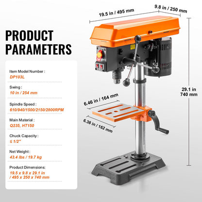 10 in Benchtop Drill Press Tabletop Drilling Machine with Adjustable Speed