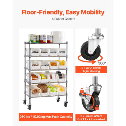 5-Tier Rolling Bin Storage Rack 16 Organizer Bins with Wheels
