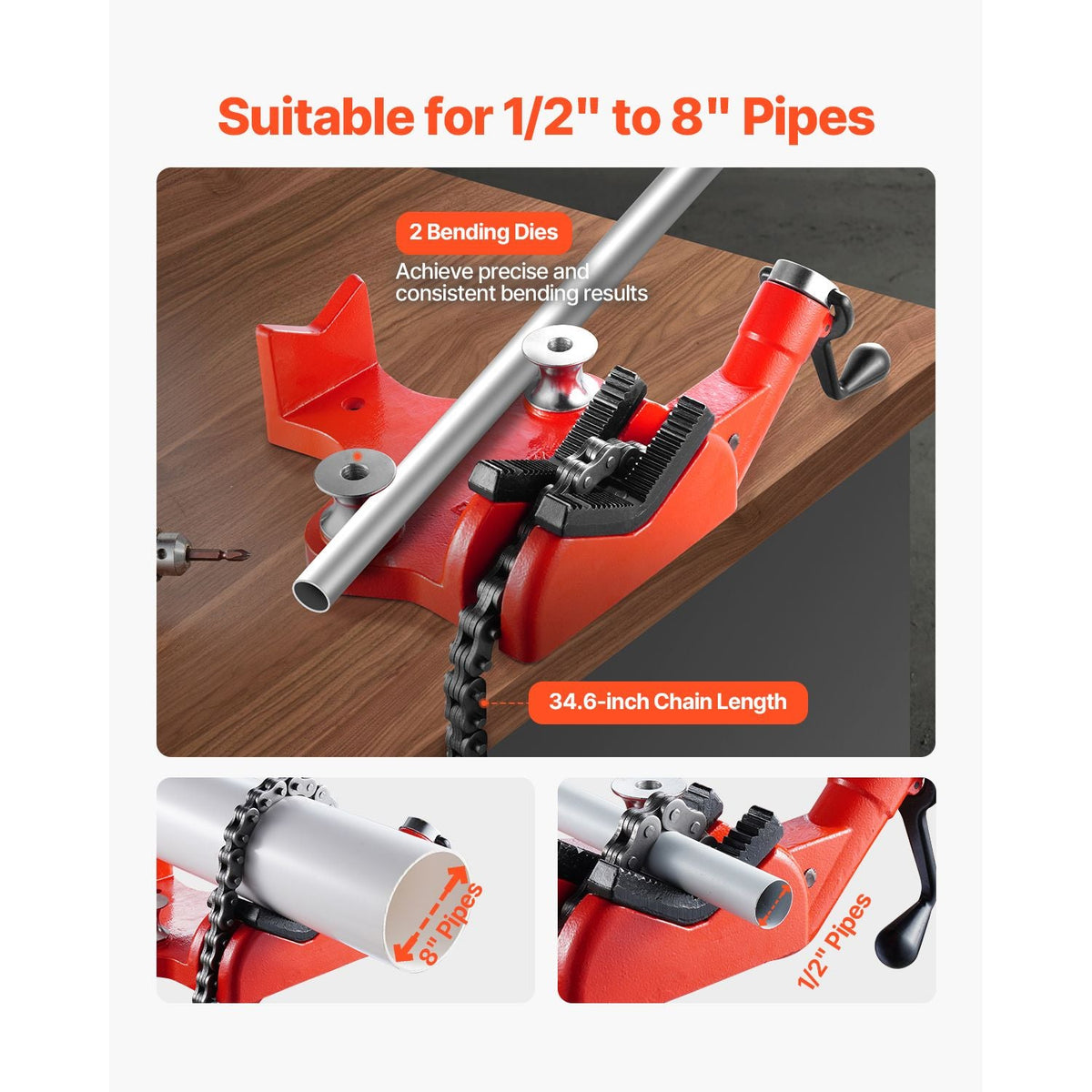 Heavy-Duty Pipe Chain Vise 1/2" - 8" Capacity Iron Base Clamping