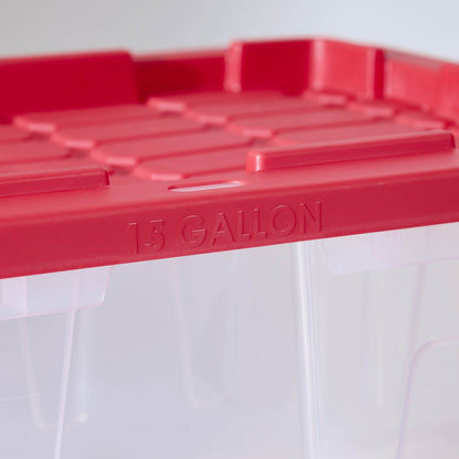 (2 pack) 15 Gallon Clear Storage Bin with Red Snap Lid