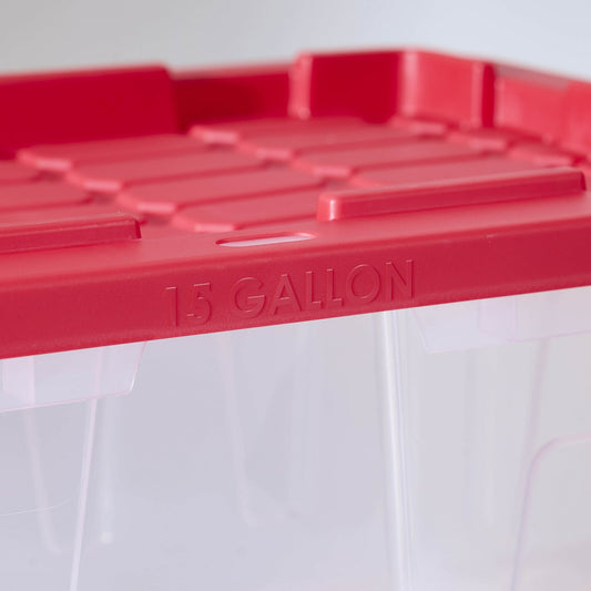 (2 pack) 15 Gallon Clear Storage Bin with Red Snap Lid