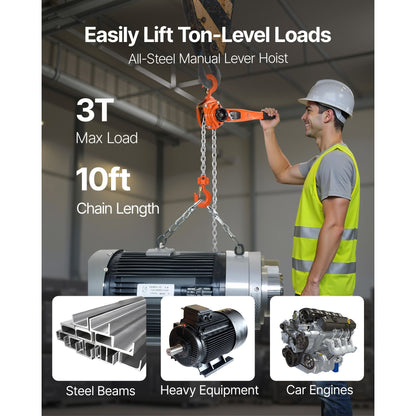 Heavy Duty Manual Lever Chain Hoist 3T 6600LBS Capacity Come Along 10FT Lift G80 Alloy Steel Chain