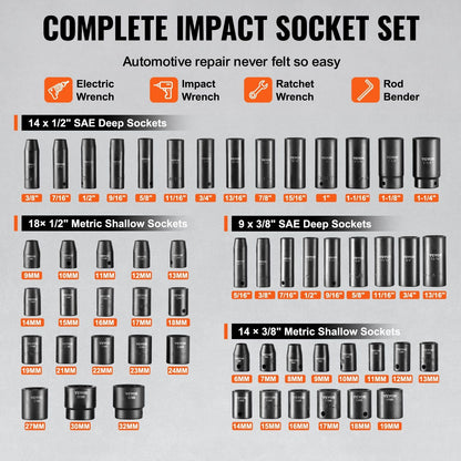 3/8" & 1/2" Drive Impact Socket Set 59PCS Socket Set SAE 5/16" to 1-1/4" and Metric 6-32mm