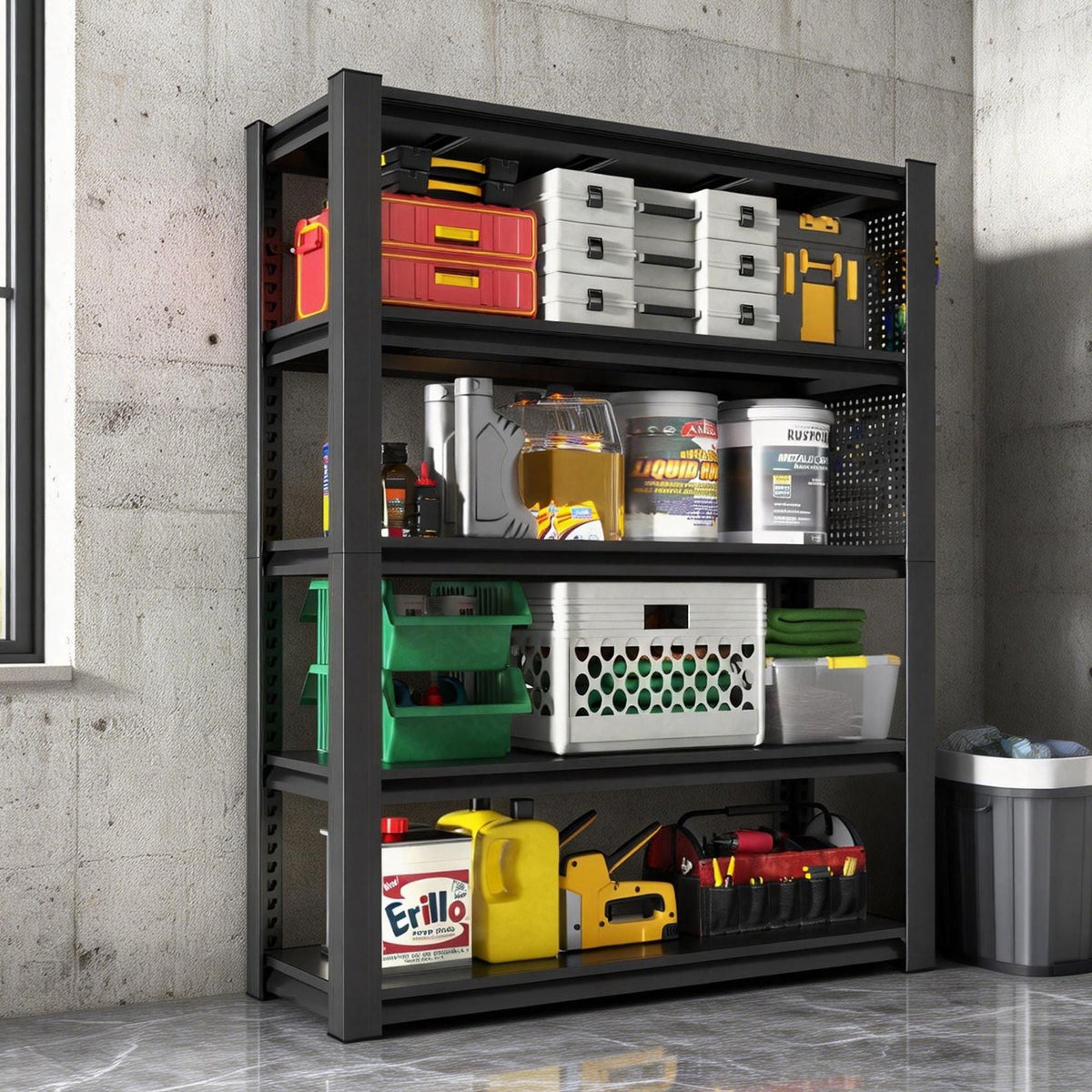 72"H 5-Tier Adjustable Heavy-Duty Shelving with Pegboard Industrial Storage Rack for Garage 23.6"D x 47.2"W x 72"H