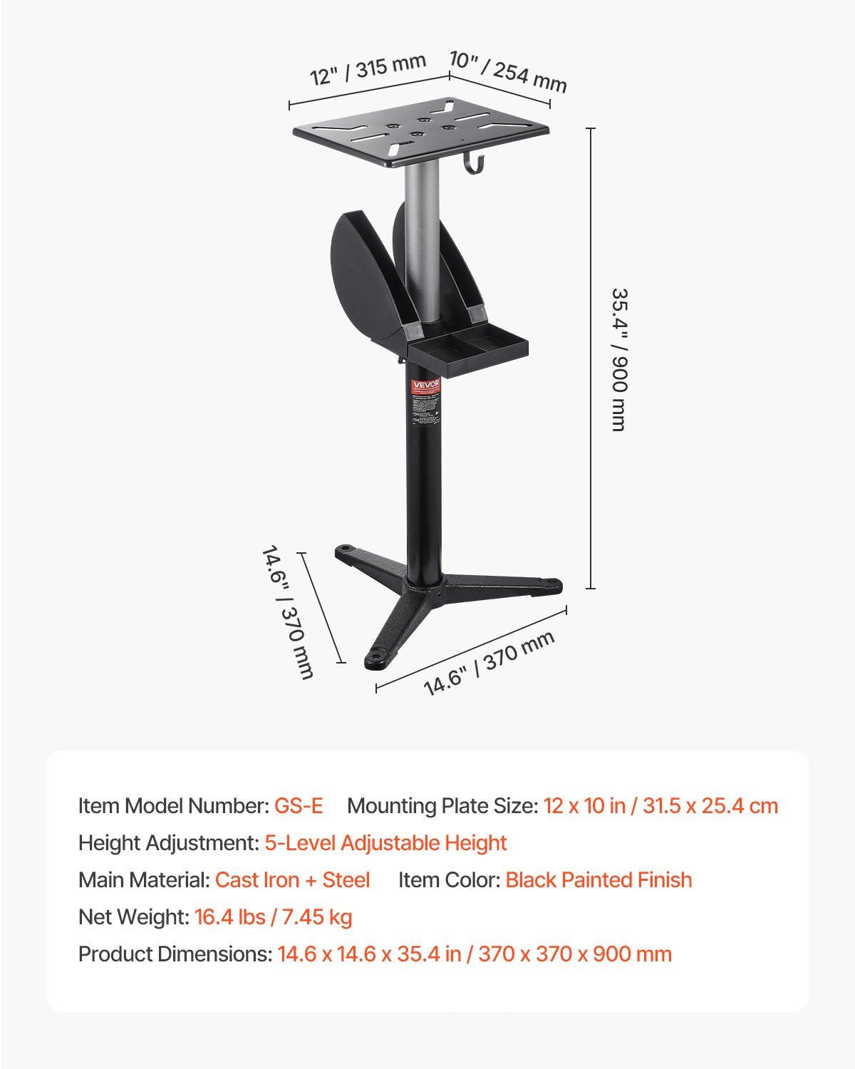 Bench Grinder Stand Pedestal with 12" x 10" Mounting Plate