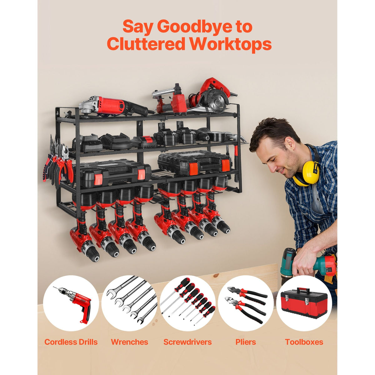 Power Tool Organizer Wall Mount Storage Rack with 8 Drill Holders Garage Tool Organizer