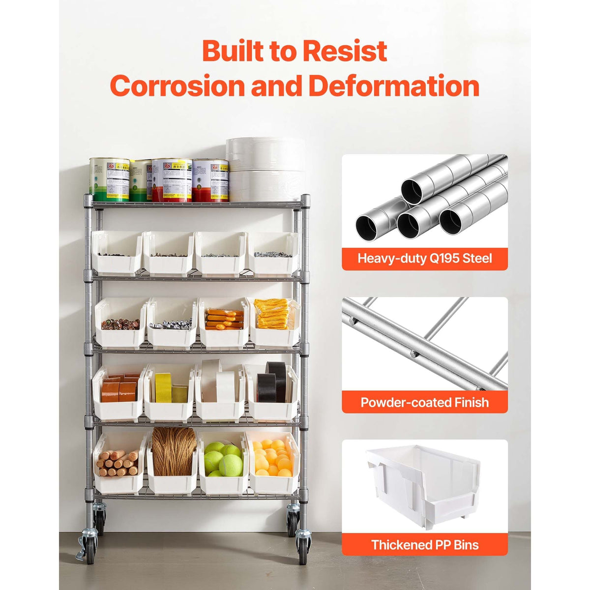 5-Tier Rolling Bin Storage Rack 16 Organizer Bins with Wheels