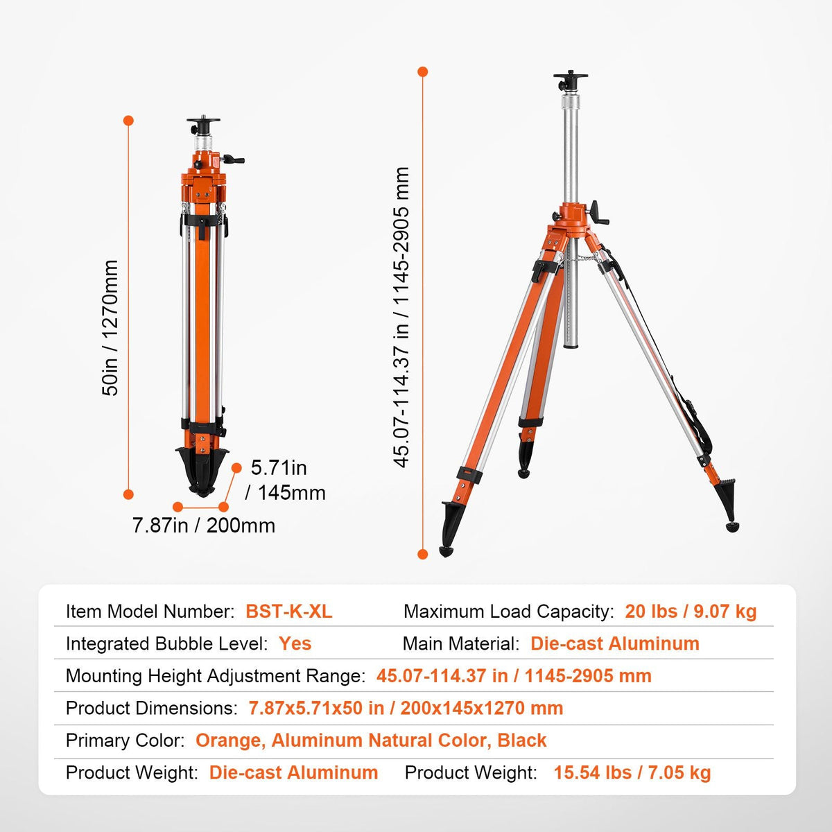 Laser Level Tripod Stand 5/8"-11 Thread Mount 45.07-114.37 in Adjustment Heavy Duty Survey Tripod with Level Bubble & Diffusion Limiter
