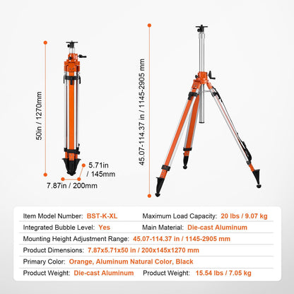 Laser Level Tripod Stand 5/8"-11 Thread Mount 45.07-114.37 in Adjustment Heavy Duty Survey Tripod with Level Bubble & Diffusion Limiter