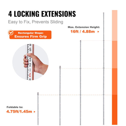 Aluminum Grade Rod 16-Feet/10ths Telescopic Measuring Double-Sided Scale 1/10ft Leveling Rod Stick
