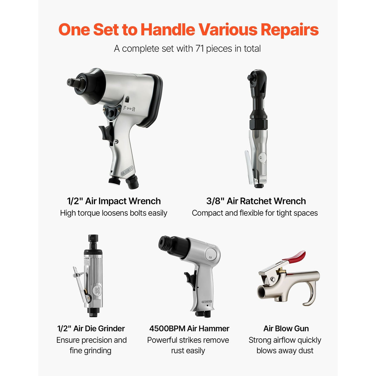 71 Pieces Pro Air Tool and Accessories Kit 1/2" Air Impact Wrench 3/8" Ratchet Wrench 1/2" Die Grinder 4500BPM Air Hammer