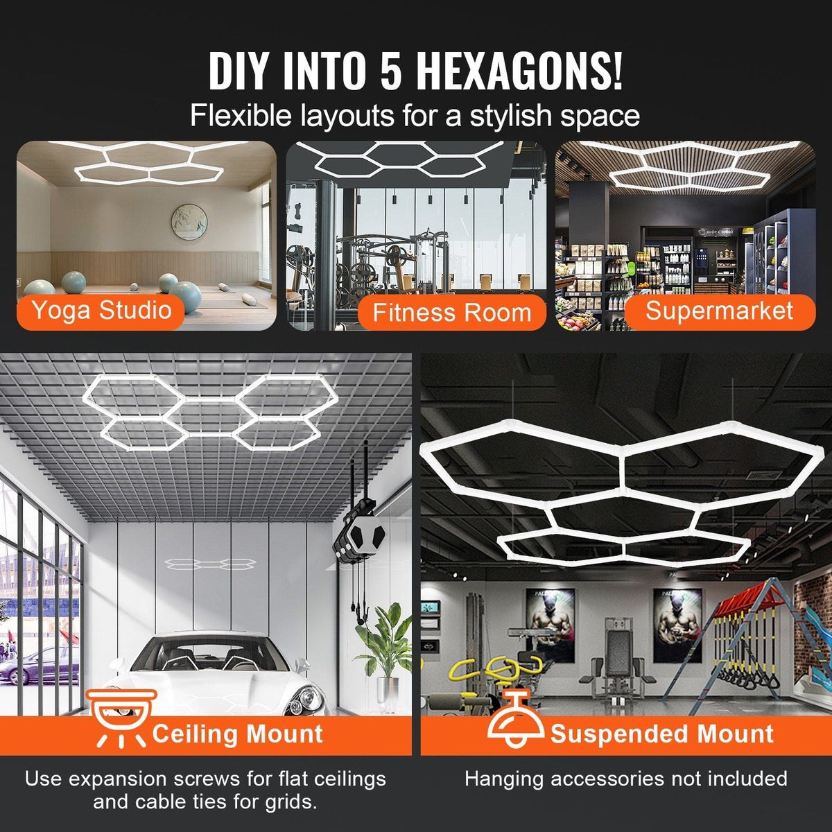 Hexagon Garage Lights 26,400LM 6500K 5 Grid Systems Honeycomb Garage LED Lights