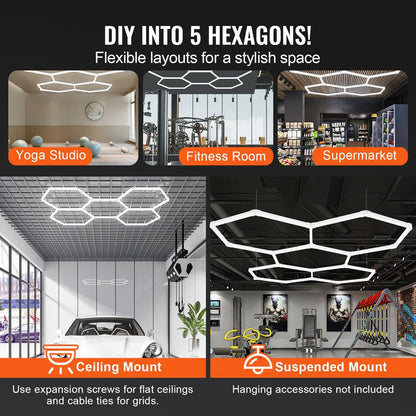 Hexagon Garage Lights 26,400LM 6500K 5 Grid Systems Honeycomb Garage LED Lights
