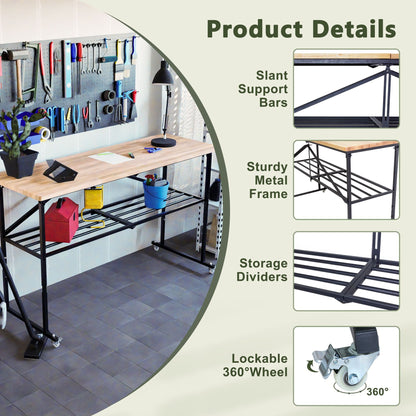Foldable Hardwood Workbench Adjustable Wood-Top Utility Table with Locking Casters