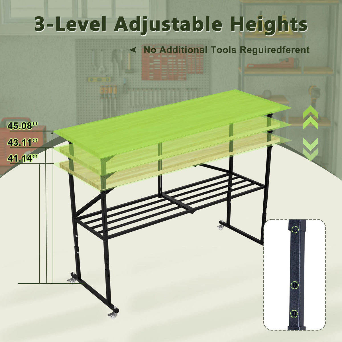 Foldable Hardwood Workbench Adjustable Wood-Top Utility Table with Locking Casters