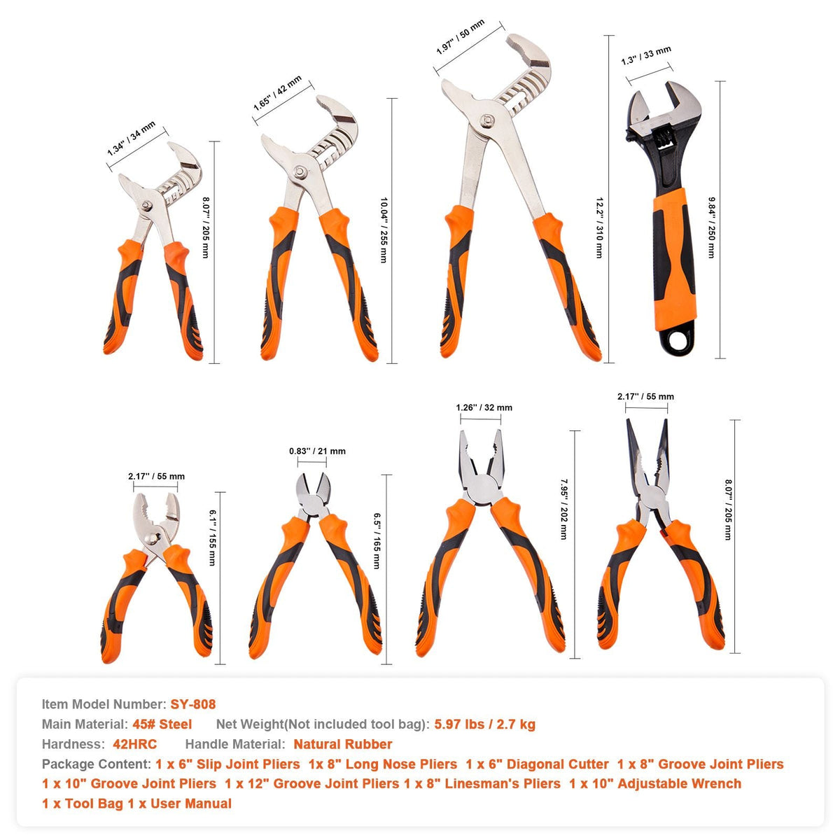 8-Piece Pliers Set High Carbon Steel 12"/10"/8"  Pliers and Tool Bag