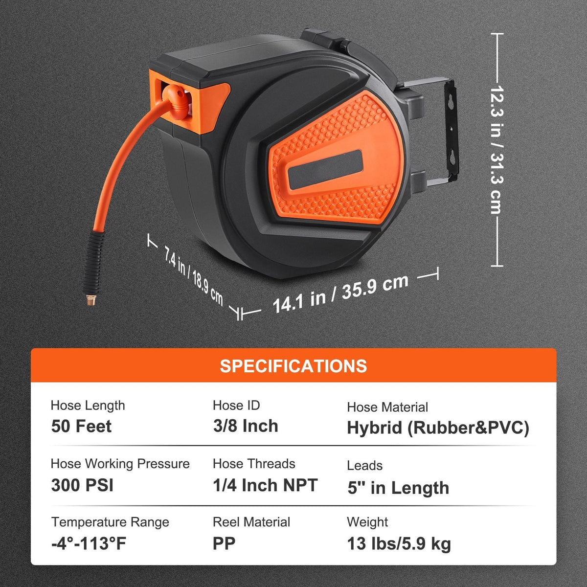 Retractable Air Hose Reel 3/8 IN x 50 FT Hybrid Air Hose Max 300PSI with 5 In Lead 180° Swivel Mount