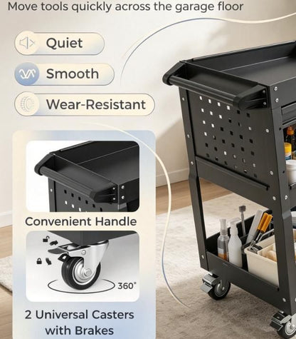 3 Tier Rolling Tool Cart Garage Workshop Lockable Drawer Storage Organizer Metal