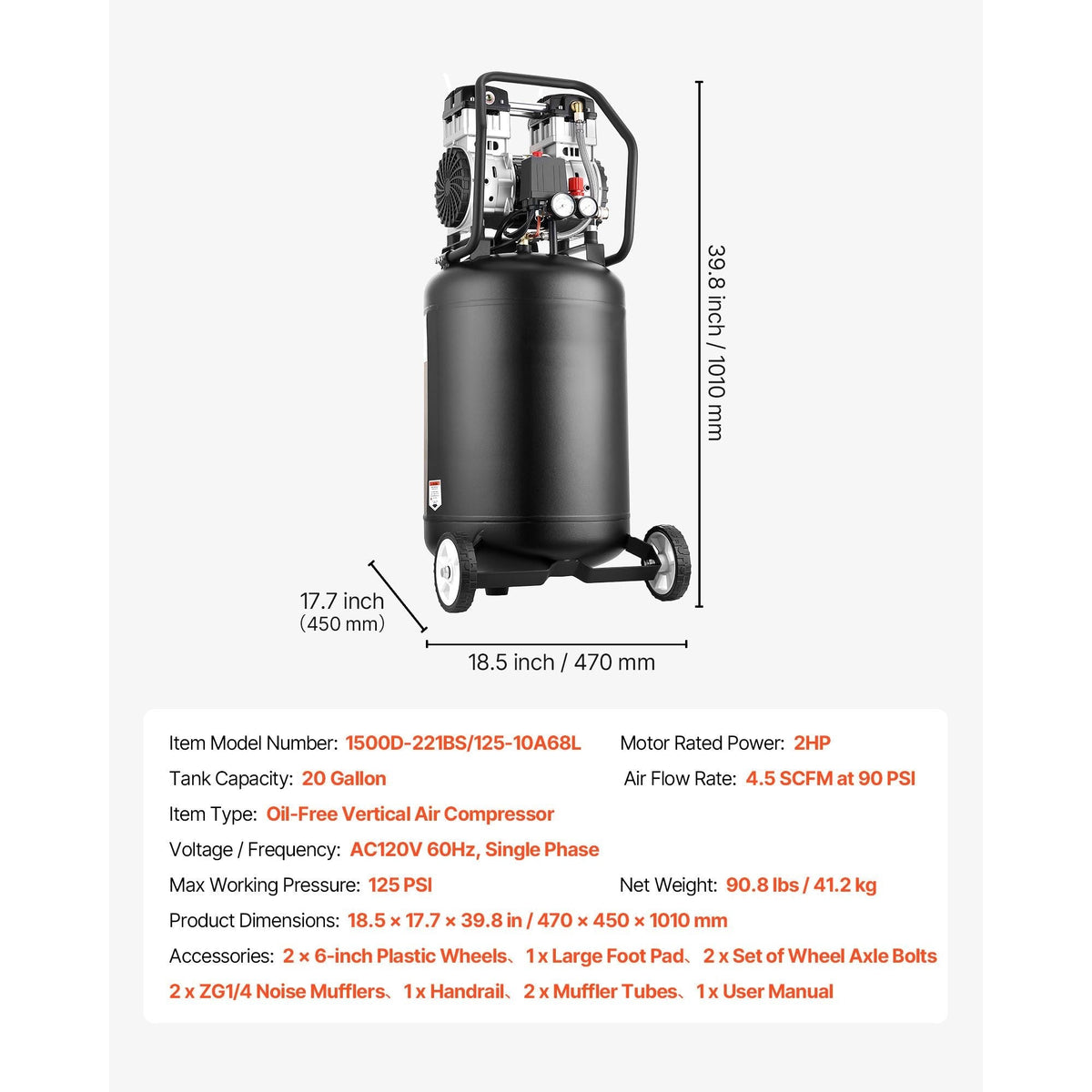 Portable 20-Gallon Oil-Free Air Compressor - 2HP with 4.5 SCFM Output
