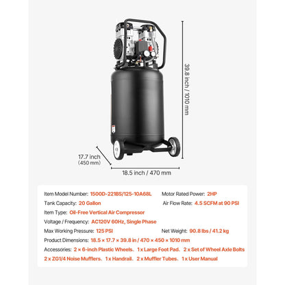 Portable 20-Gallon Oil-Free Air Compressor - 2HP with 4.5 SCFM Output