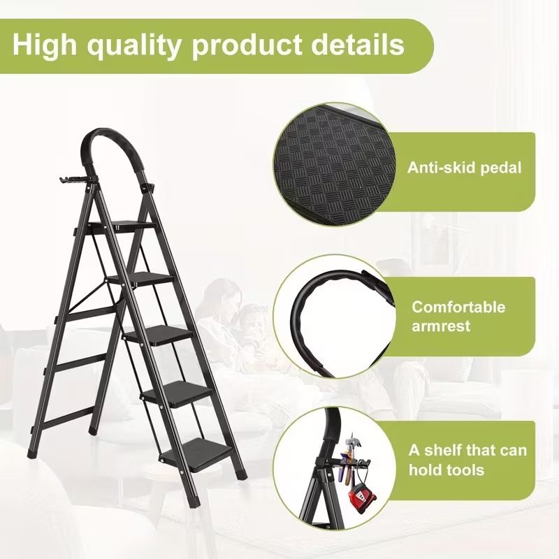 5 Step Ladder with Anti-Slip Pedals Foldable Steel Step Stool with Tool Tray 300LBS Capacity