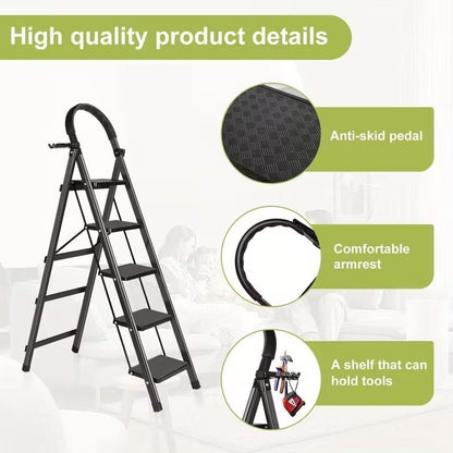 5 Step Ladder with Anti-Slip Pedals Foldable Steel Step Stool with Tool Tray 300LBS Capacity