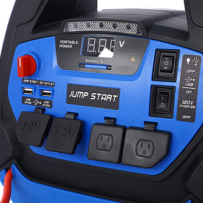 Rechargeable Jump Starter for Gas Diesel Vehicles 1800 Amps with Air Compressor and Power Bank
