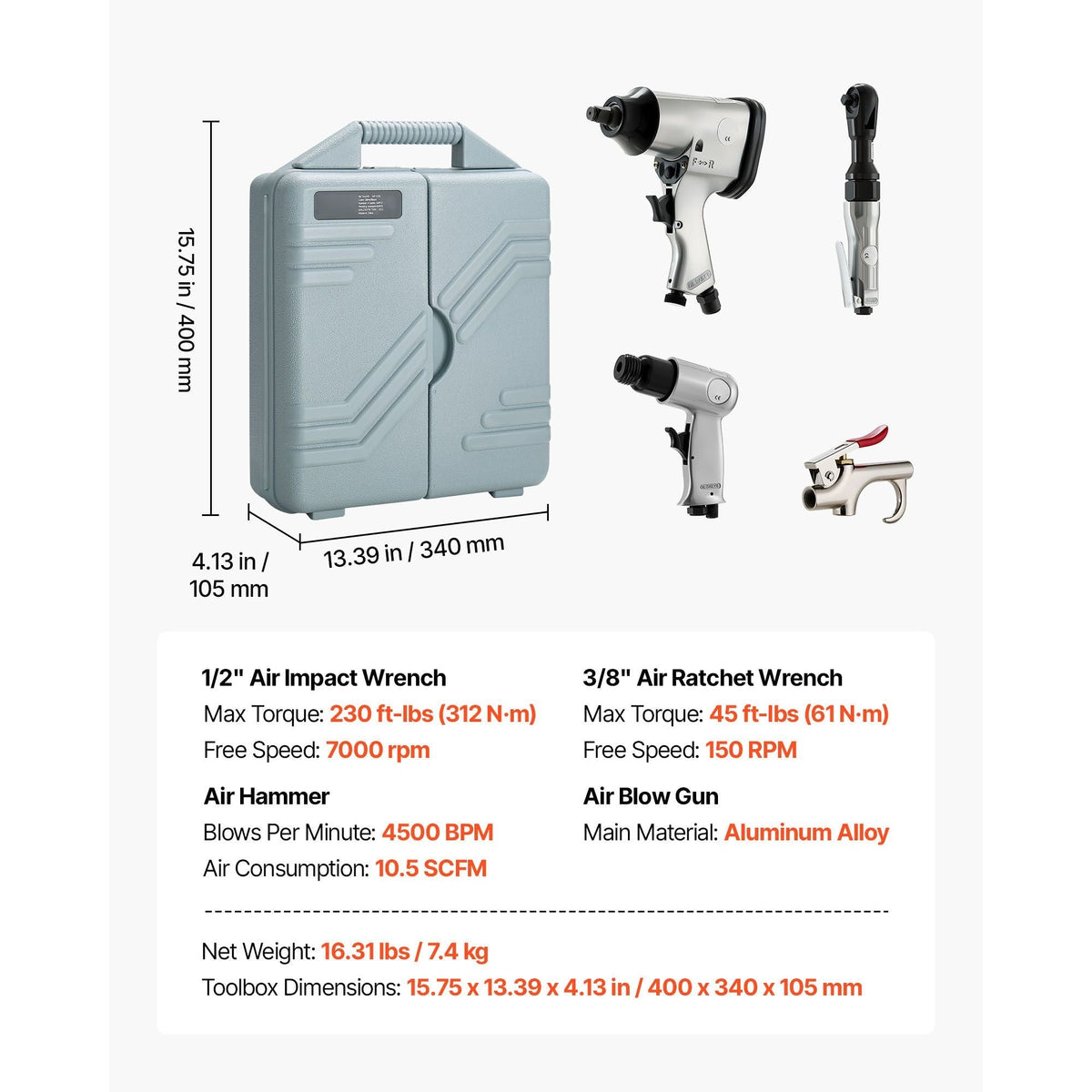 50 Pieces Pro Air Tool and Accessories Kit 1/2" Air Impact Wrench 3/8" Ratchet Wrench 4500BPM Air Hammer