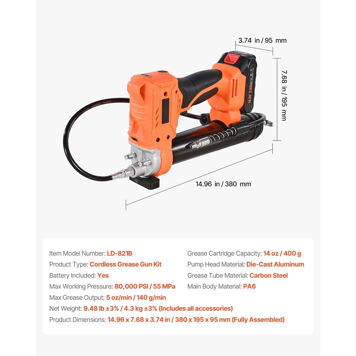 Cordless Grease Gun 20V Electric Grease Gun with 2.0 Ah Battery & LED Light 35.4-inch Long Hose & Carrying Case