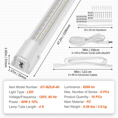 10 Pack LED Shop Light 4 FT 40W Linkable Light Fixture 6500 LM 59 in Power Cords with ON/OFF Switch